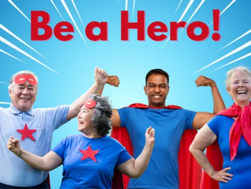 Image of people dressed as super heroes in red and blue outfits.